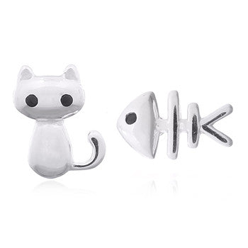 Kitten And Fish Bone 925 Silver Earrings With CZ Eyes