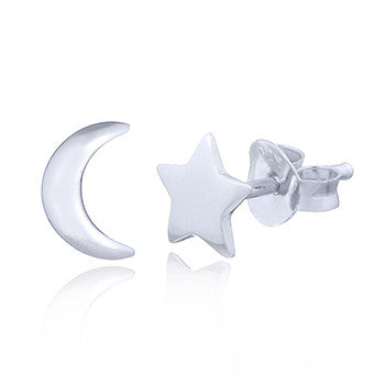 Mismatched Crescent Moon Star Stud Earrings