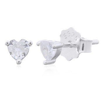 Minimalist White CZ Heart Stud Silver Earrings