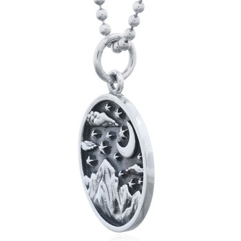 925 Sterling Silver Oxidized Starry Night Mountain Scene Pendant