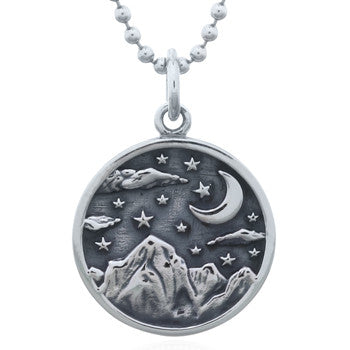 925 Sterling Silver Oxidized Starry Night Mountain Scene Pendant