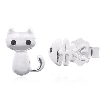 Kitten And Fish Bone 925 Silver Earrings With CZ Eyes